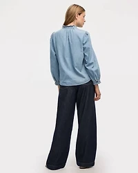 Mock-Neck Denim Blouse with 3/4 Puffy Sleeves