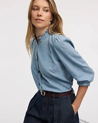 Mock-Neck Denim Blouse with 3/4 Puffy Sleeves