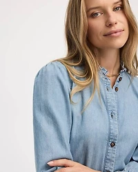 Mock-Neck Denim Blouse with 3/4 Puffy Sleeves
