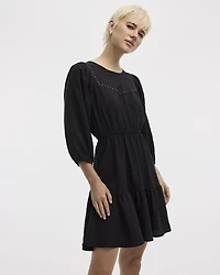 Puffy-Elbow-Sleeve Dress with Crew Neckline