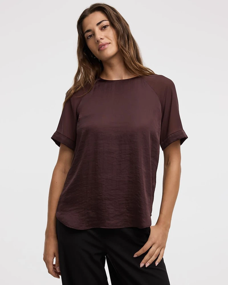 Short-Sleeve Crew-Neck Mix-Media Blouse
