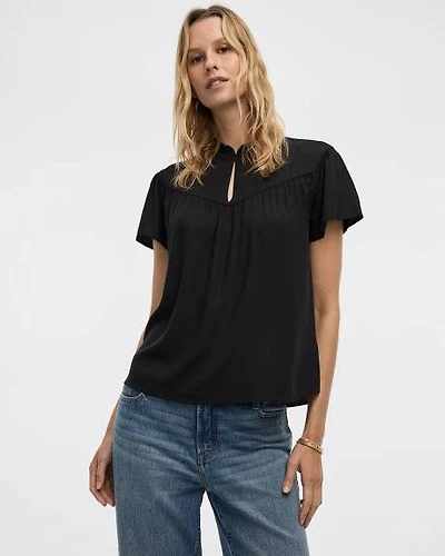 Short-Flutter-Sleeve Mock-Neck Blouse