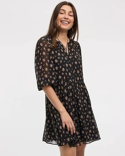 Bracelet-Sleeve Split-Neck Fit-and-Flare Dress