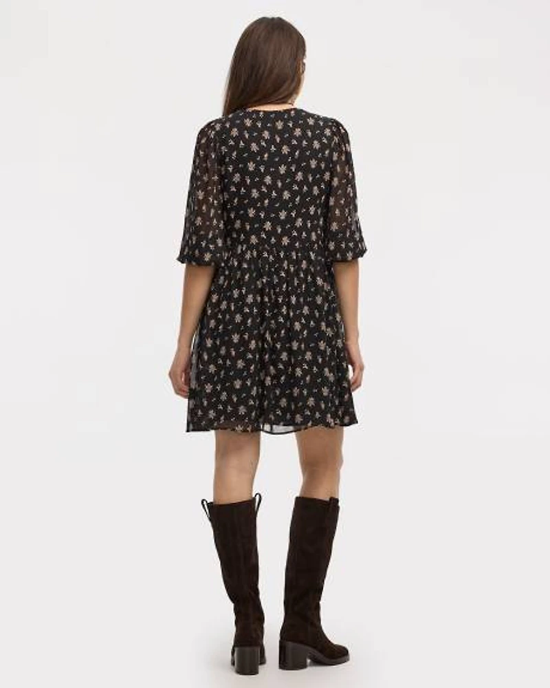 Bracelet-Sleeve Split-Neck Fit-and-Flare Dress