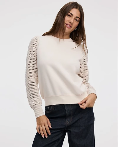 Long-Puffy-Sleeve Crew-Neck Mix-Media Sweatshirt