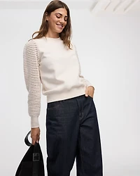 Long-Puffy-Sleeve Crew-Neck Mix-Media Sweatshirt
