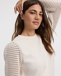 Long-Puffy-Sleeve Crew-Neck Mix-Media Sweatshirt