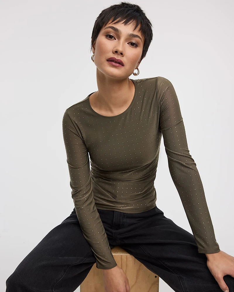 Haut avec strass à manches longues et col rond