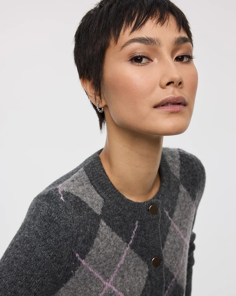 Long-Sleeve Crew-Neck Argyle Cardigan