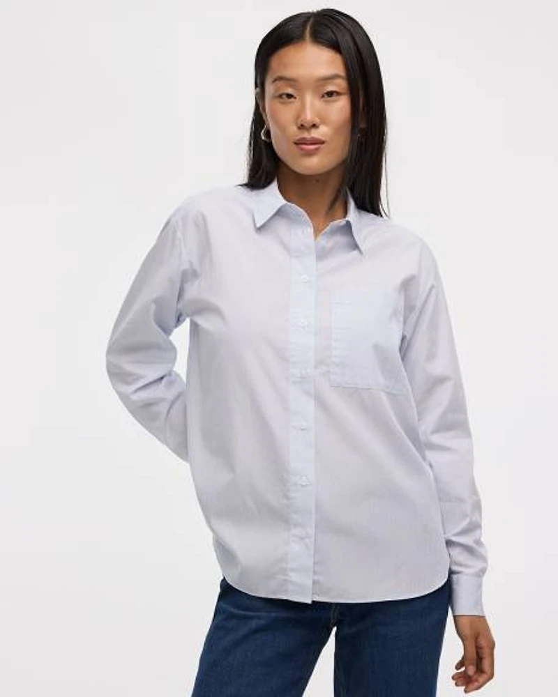 Striped Long-Sleeve Poplin Shirt with Chest Pocket