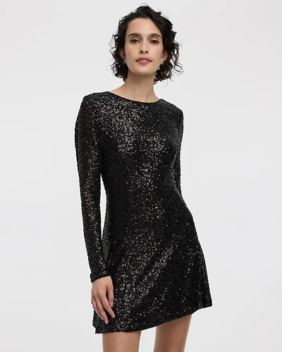 Long-Sleeve Mini Fit-and-Flare Sequins Dress