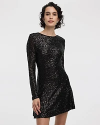 Long-Sleeve Mini Fit-and-Flare Sequins Dress
