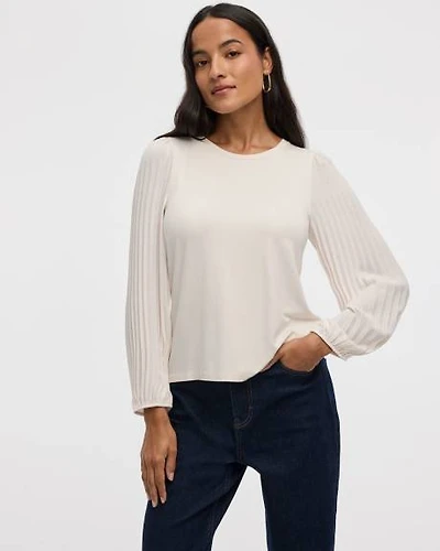 Pleated-Long-Sleeve Boat-Neck Mix-Media Top
