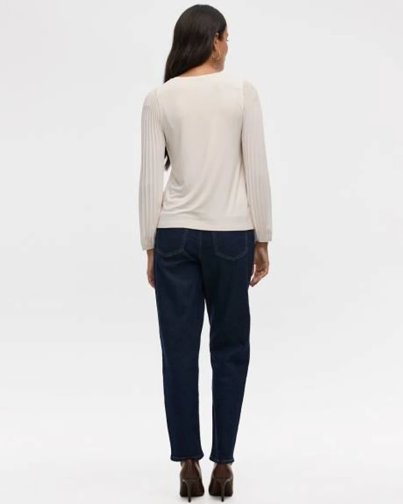 Pleated-Long-Sleeve Boat-Neck Mix-Media Top