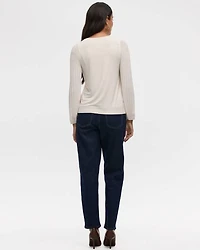 Pleated-Long-Sleeve Boat-Neck Mix-Media Top
