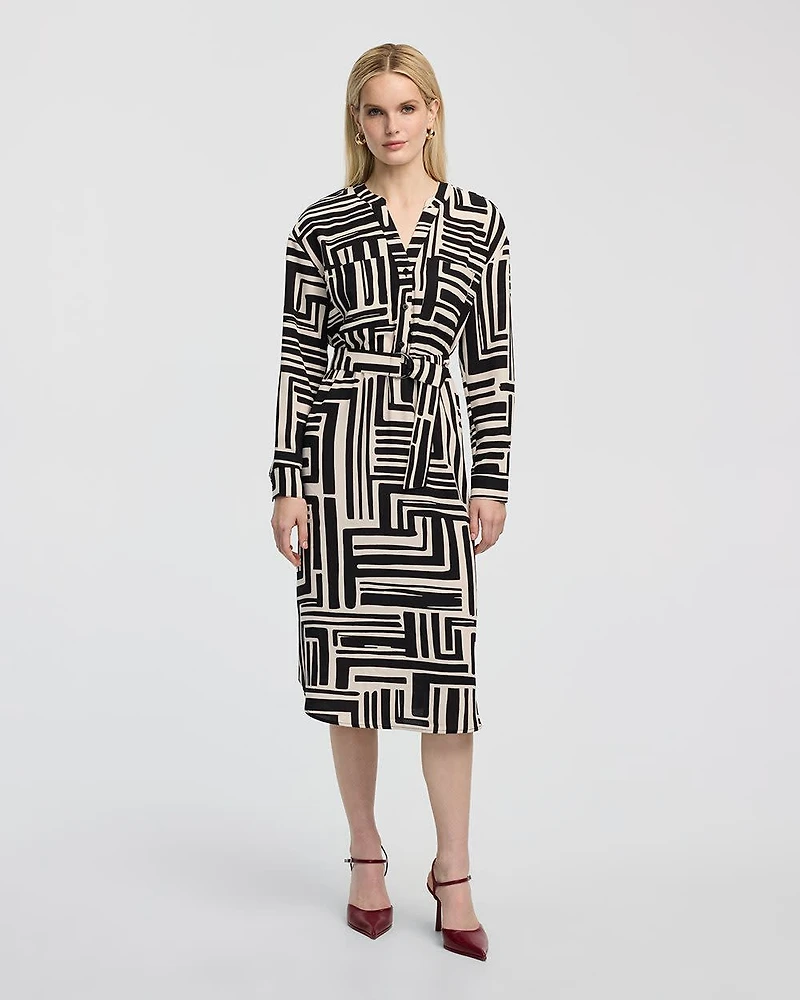 Long-Sleeve Split-Neck Satin Dress