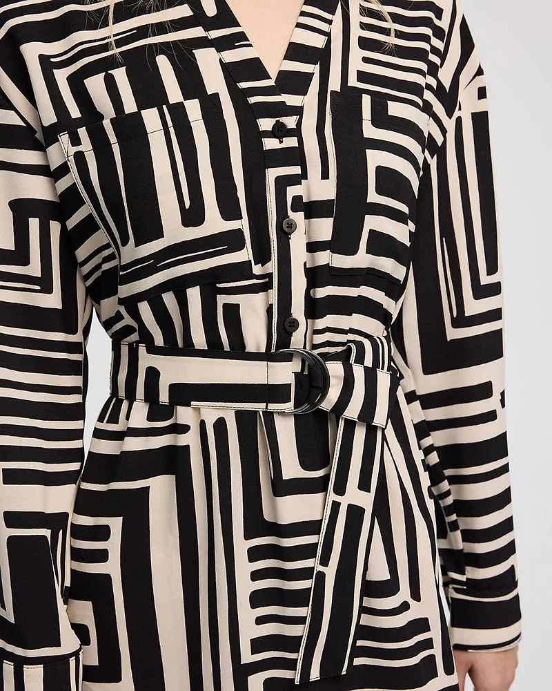 Long-Sleeve Split-Neck Satin Dress