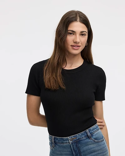 Short-Sleeve Crew-Neck Ribbed Sweater