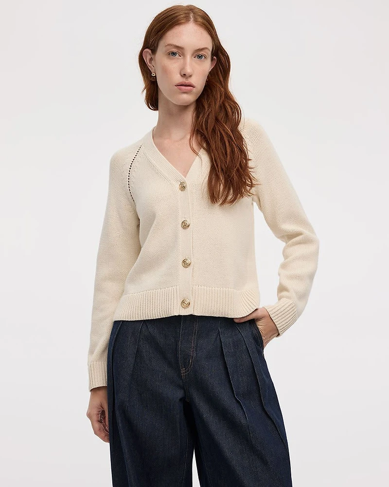 Long-Sleeve V-Neck Buttoned-Down Pointelle Cardigan