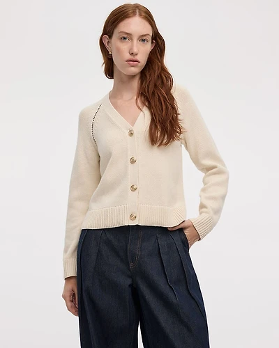 Long-Sleeve V-Neck Buttoned-Down Pointelle Cardigan