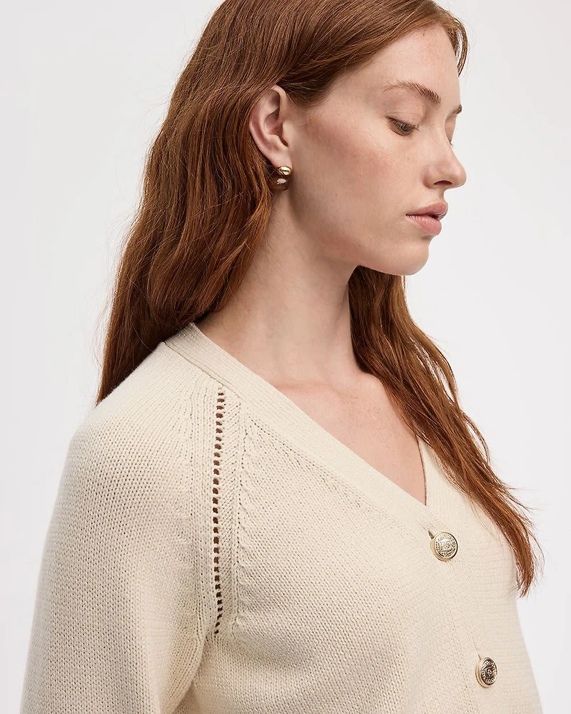Long-Sleeve V-Neck Buttoned-Down Pointelle Cardigan