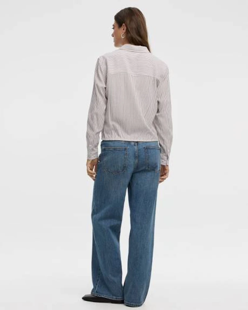 Seersucker Long-Sleeve Buttoned-Down Blouse