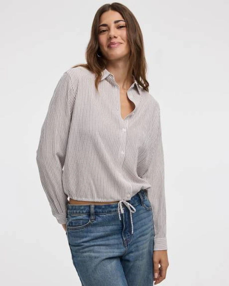 Seersucker Long-Sleeve Buttoned-Down Blouse