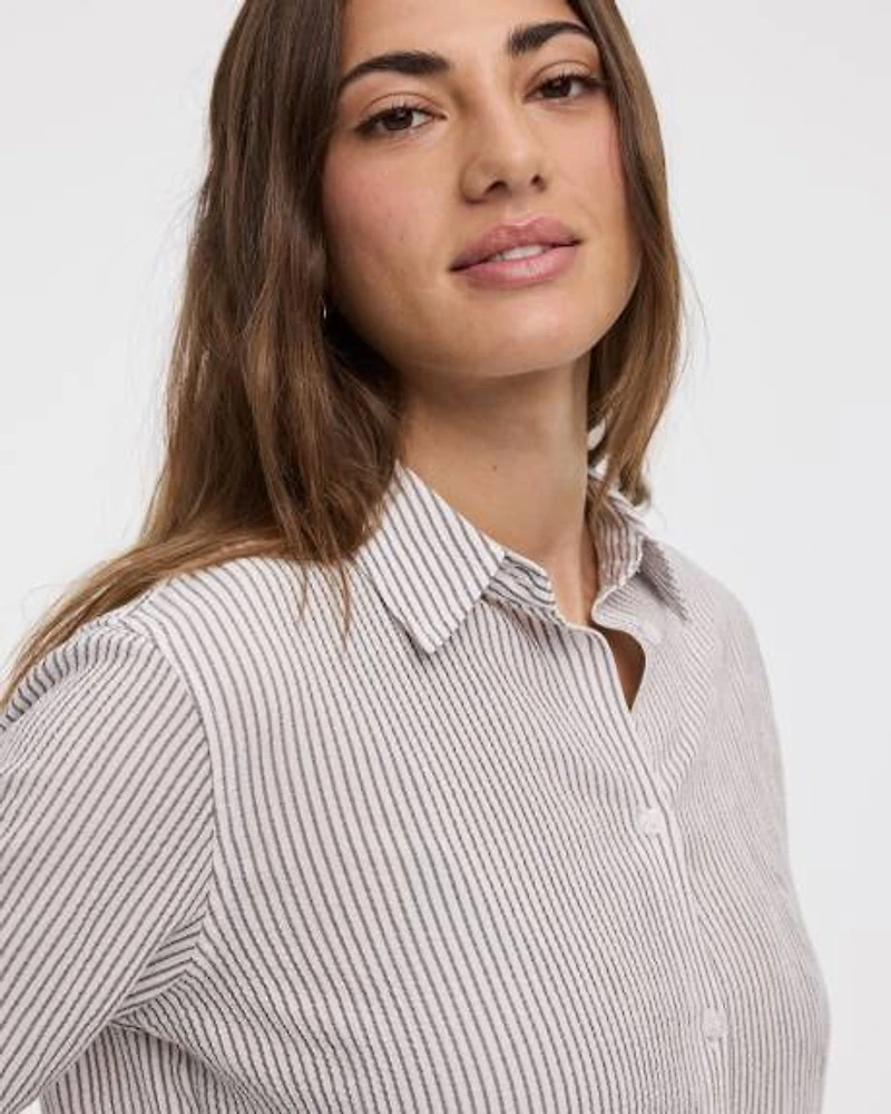 Seersucker Long-Sleeve Buttoned-Down Blouse