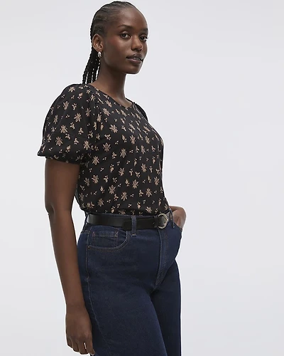 Puffy-Elbow-Sleeve Crew-Neck Top