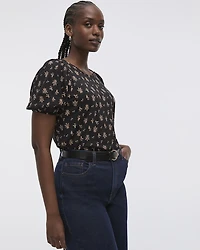 Puffy-Elbow-Sleeve Crew-Neck Top