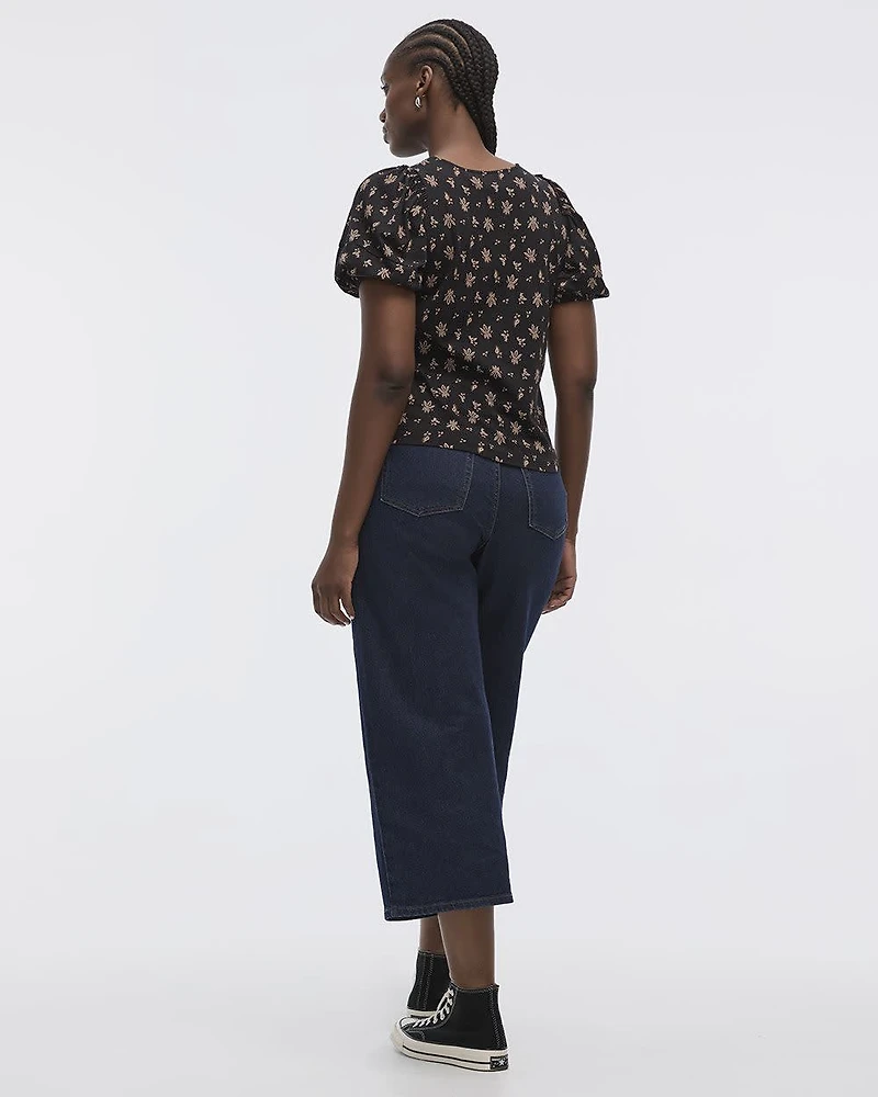 Puffy-Elbow-Sleeve Crew-Neck Top