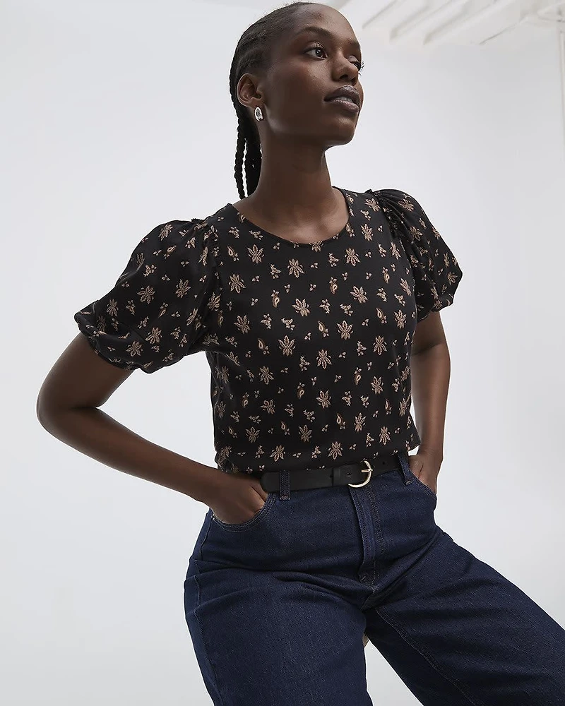 Puffy-Elbow-Sleeve Crew-Neck Top