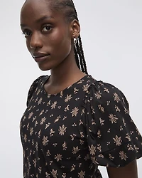 Puffy-Elbow-Sleeve Crew-Neck Top