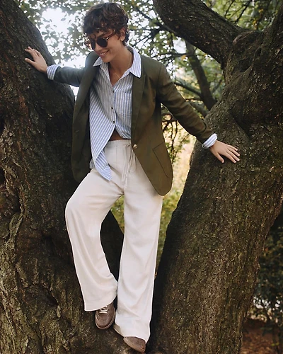 Pantalon en mélange de lin à jambe large et taille haute