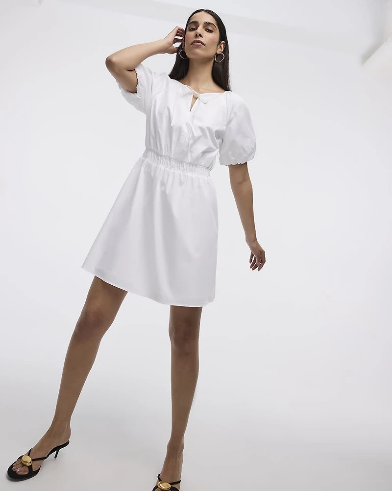 Short-Sleeve Fit-and-Flare Dress with Self-Tie Details at Neckline