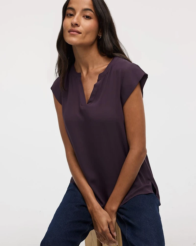 Cap Sleeve Split Neck Blouse