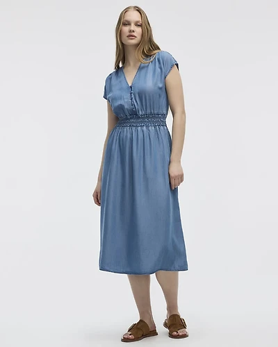 Extended-Sleeve V-Neck Midi Dress