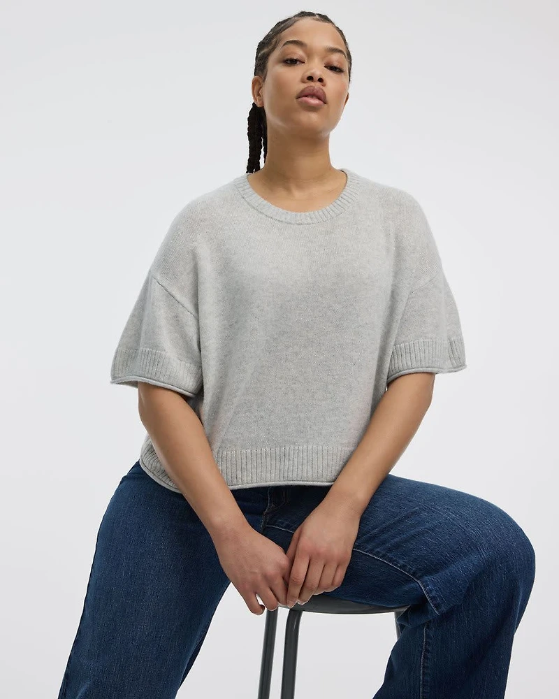 Cashmere-Blend Short-Sleeve Crew-Neck Loose Sweater