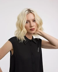 Extended-Sleeve Shirt with Studded Collar