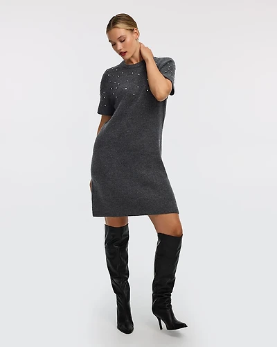 Short-Sleeve Mini Sweater Dress with Rhinestones