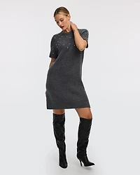 Short-Sleeve Mini Sweater Dress with Rhinestones