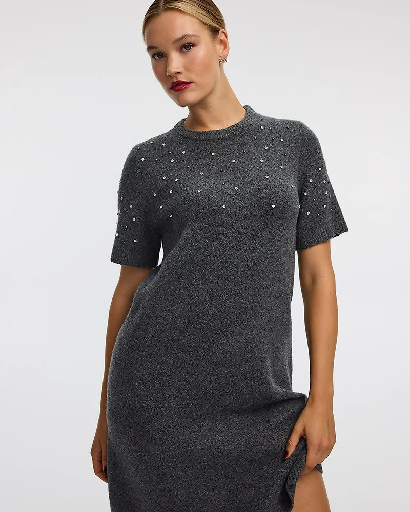 Short-Sleeve Mini Sweater Dress with Rhinestones