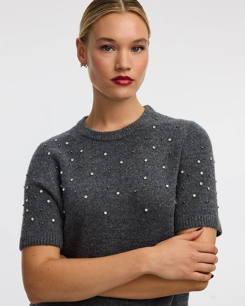 Short-Sleeve Mini Sweater Dress with Rhinestones