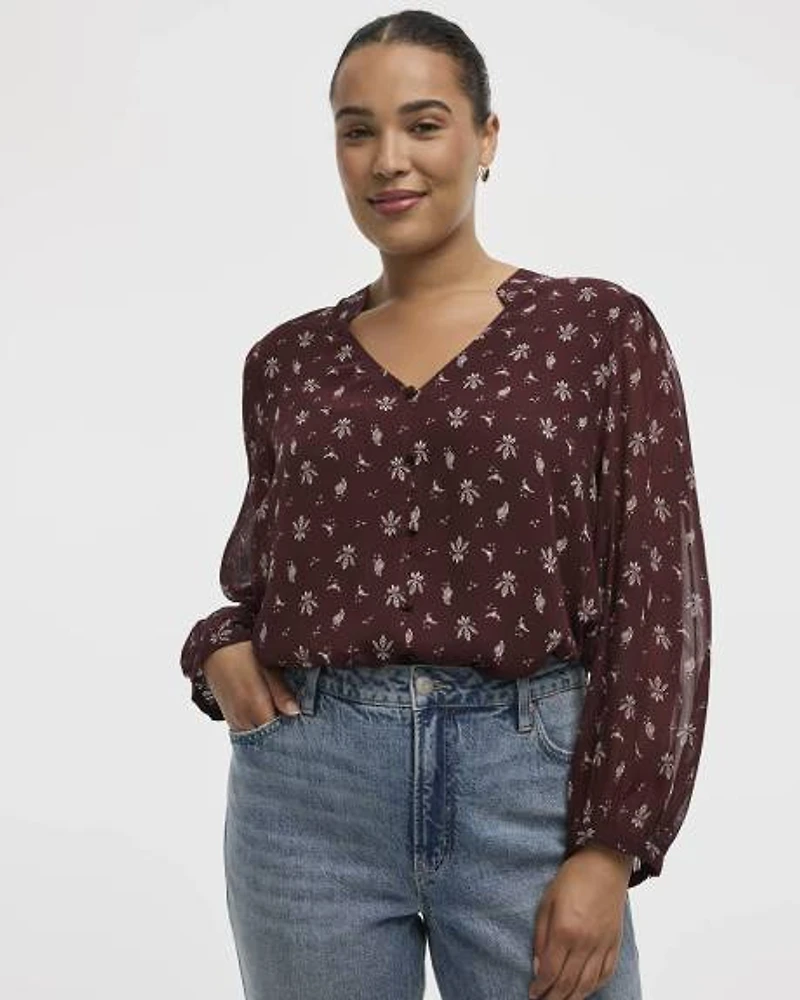 Volume-Sleeve V-Neck Blouse