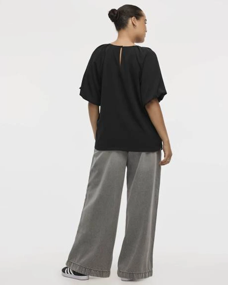 Short-Bubble-Sleeve Crew-Neck Blouse