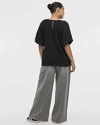 Short-Bubble-Sleeve Crew-Neck Blouse