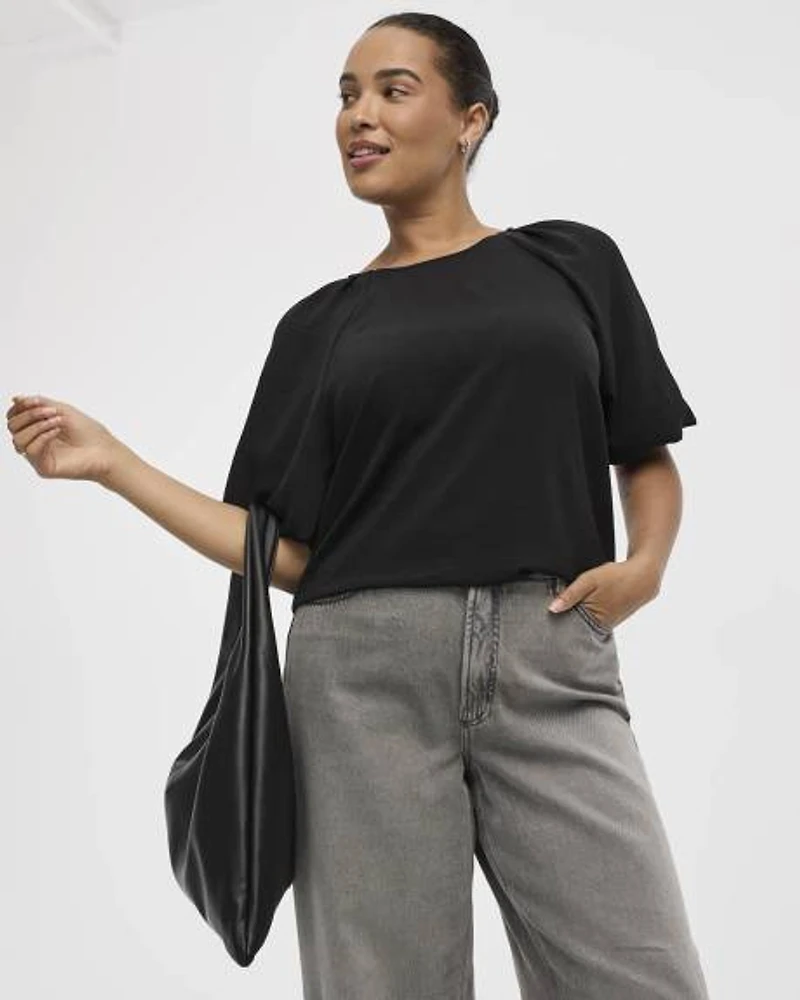 Short-Bubble-Sleeve Crew-Neck Blouse