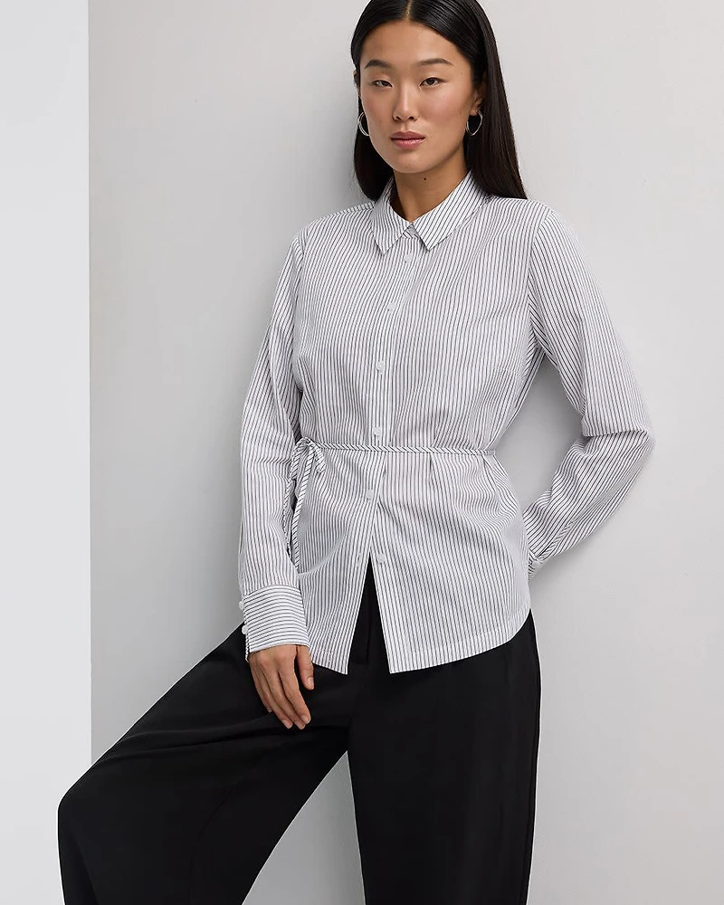 Striped Long-Sleeve Poplin Shirt with Self-Tie Sash