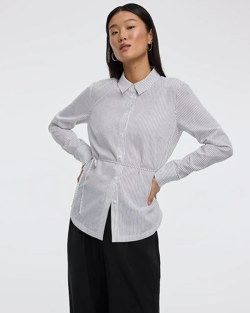 Striped Long-Sleeve Poplin Shirt with Self-Tie Sash