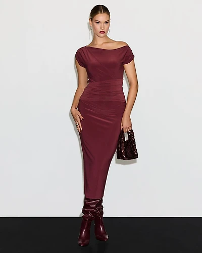 Midi Bodycon Dress with Asymmetrical Boat Neckline